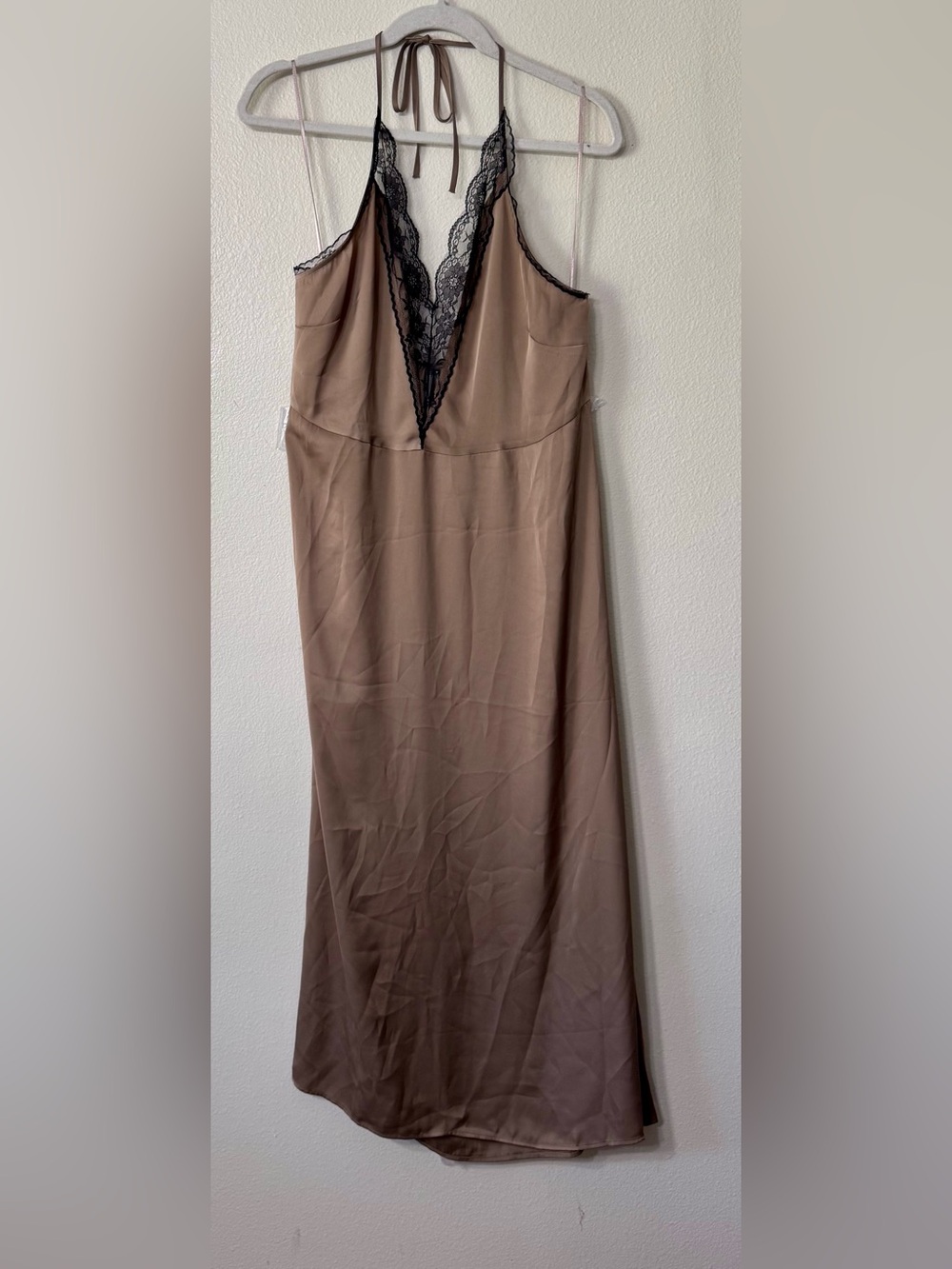 Anthropologie Taupe Satin Maxi Dress with Black Lace Trim - Picture 2 of 6